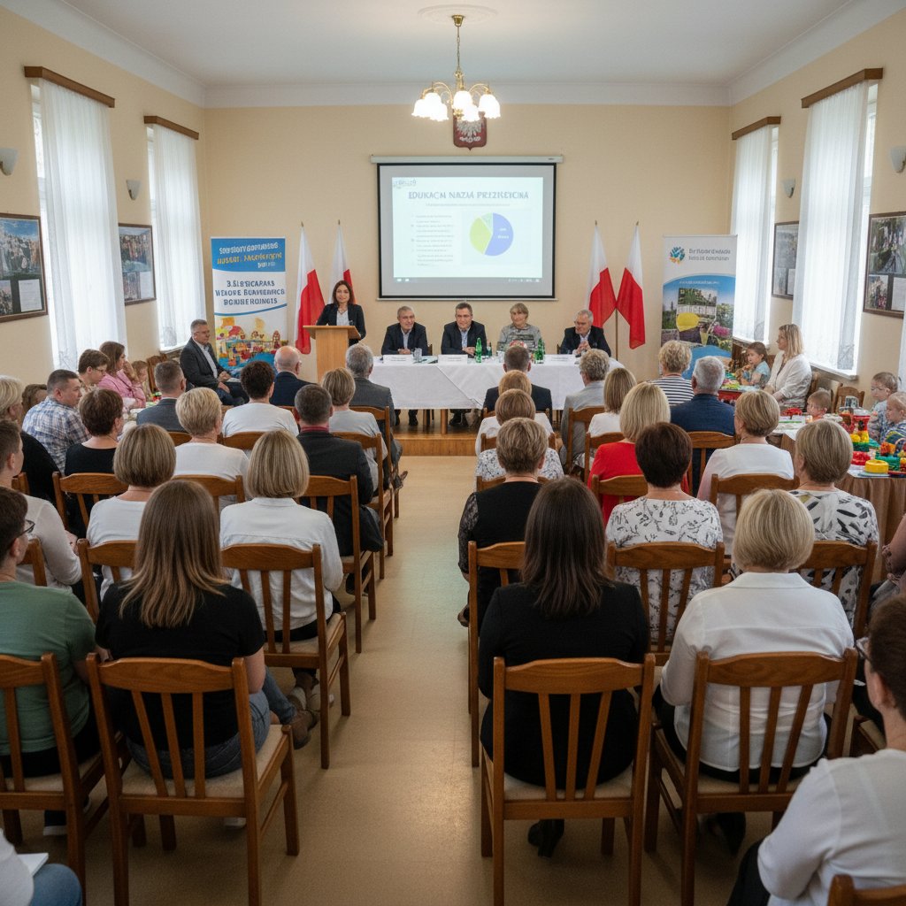 Rodzice i nauczyciele podczas lokalnego spotkania edukacyjnego, grupa dyskutująca w sali, atmosfera zaangażowania, Polska
