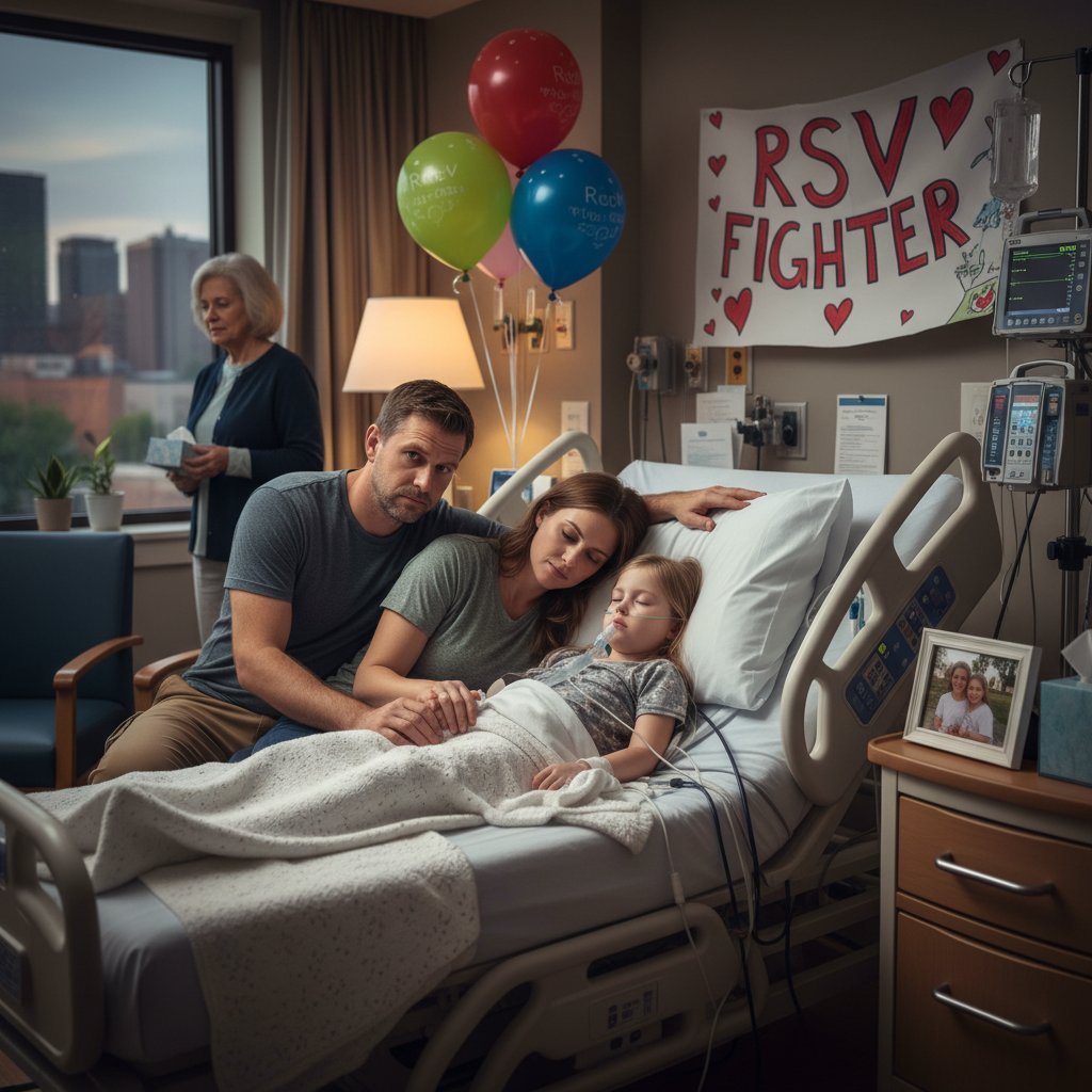 Rodzice przy łóżku chorego dziecka w szpitalu podczas walki z RSV