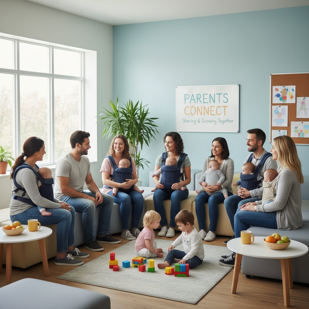 Grupa rodziców rozmawiająca w przychodni, wsparcie społeczne, pozytywna atmosfera