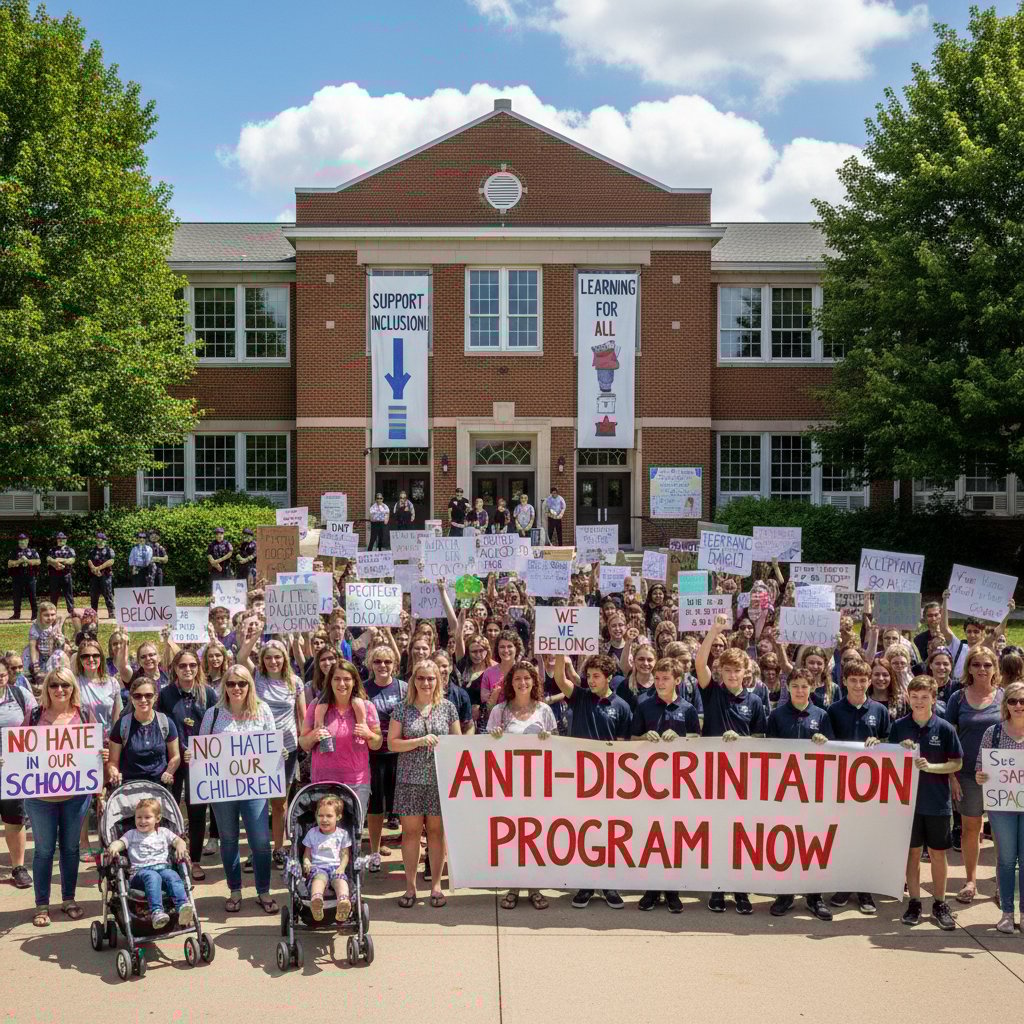 Akcja protestacyjna rodziców i uczniów pod szkołą w związku z programem antydyskryminacyjnym