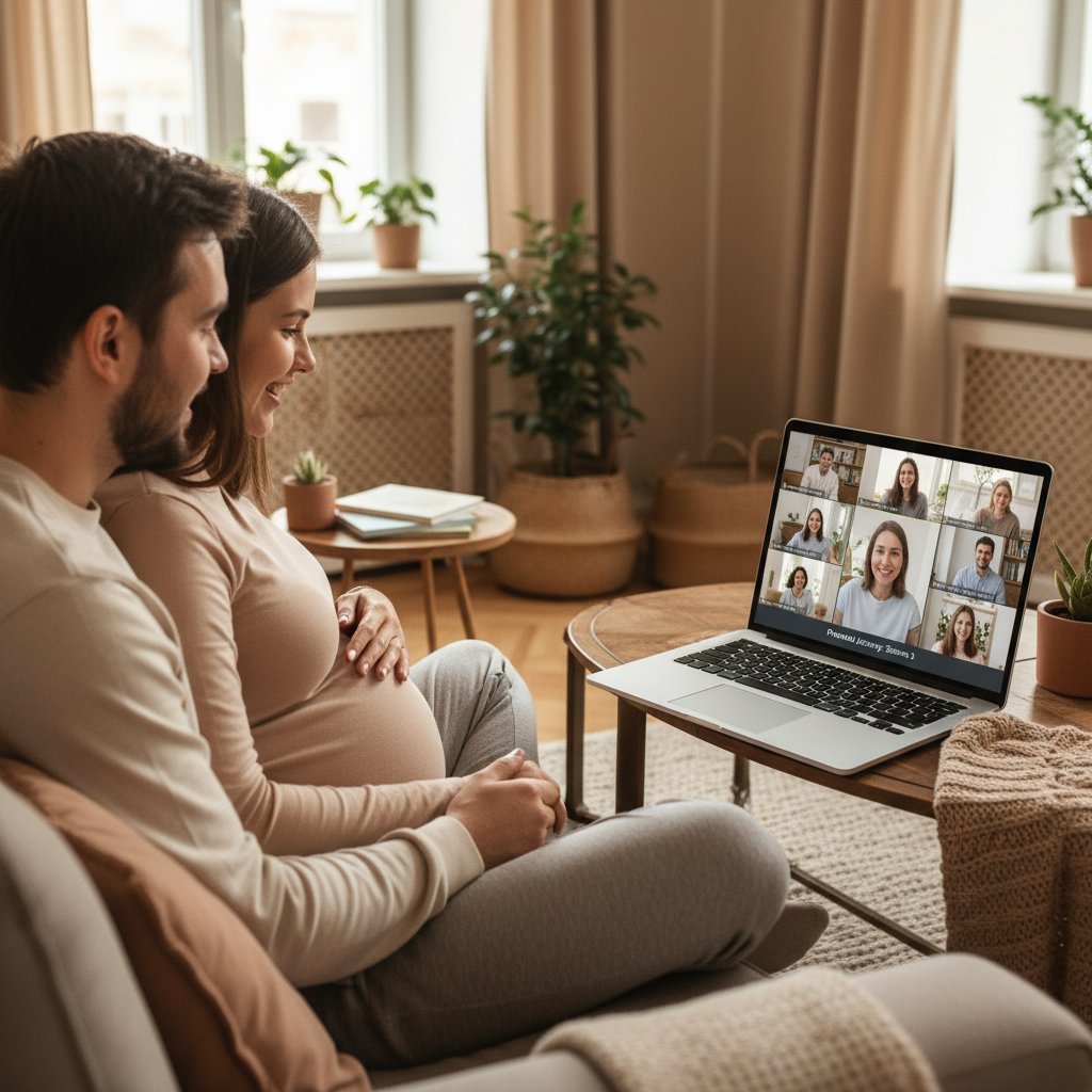Zdalna edukacja przedporodowa – rodzice uczestniczą w kursie online, przytulne mieszkanie, laptop, lekkie zamieszanie, dzieci w tle.