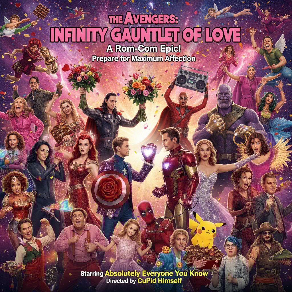 Mashup of famous parody movie characters addressing the camera, energetic and edgy scene in a movie studio