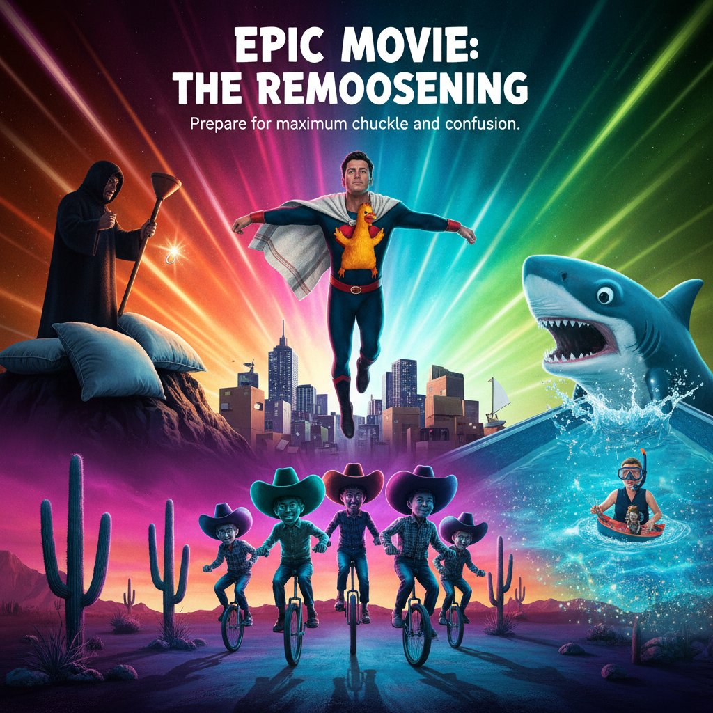 Comparison of parody, satire, and spoof movies using film scenes and actors, infographic-style, vibrant lighting