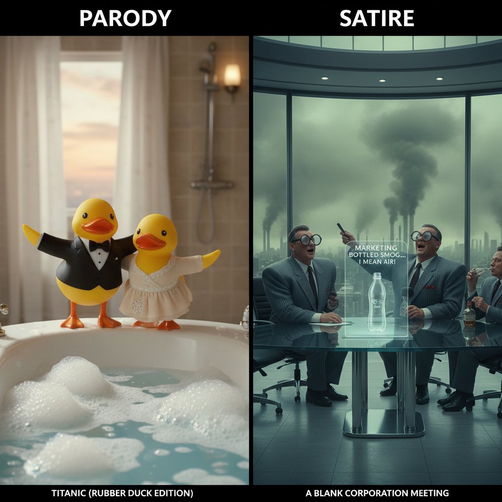 Side-by-side scenes highlighting parody versus satire, edgy split-screen in a movie studio