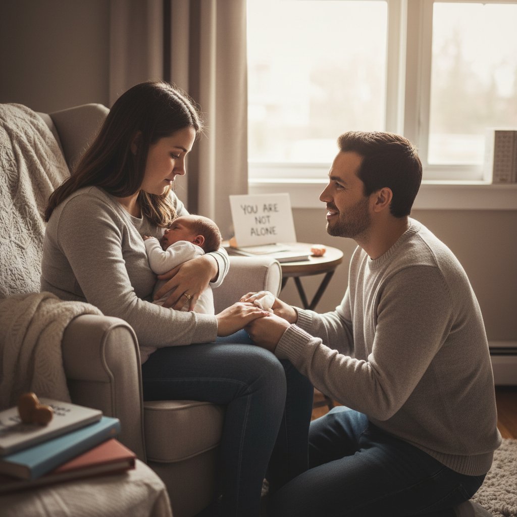 Partner przytulający młodą matkę, okazujący wsparcie – ilustracja dobrych praktyk wsparcia