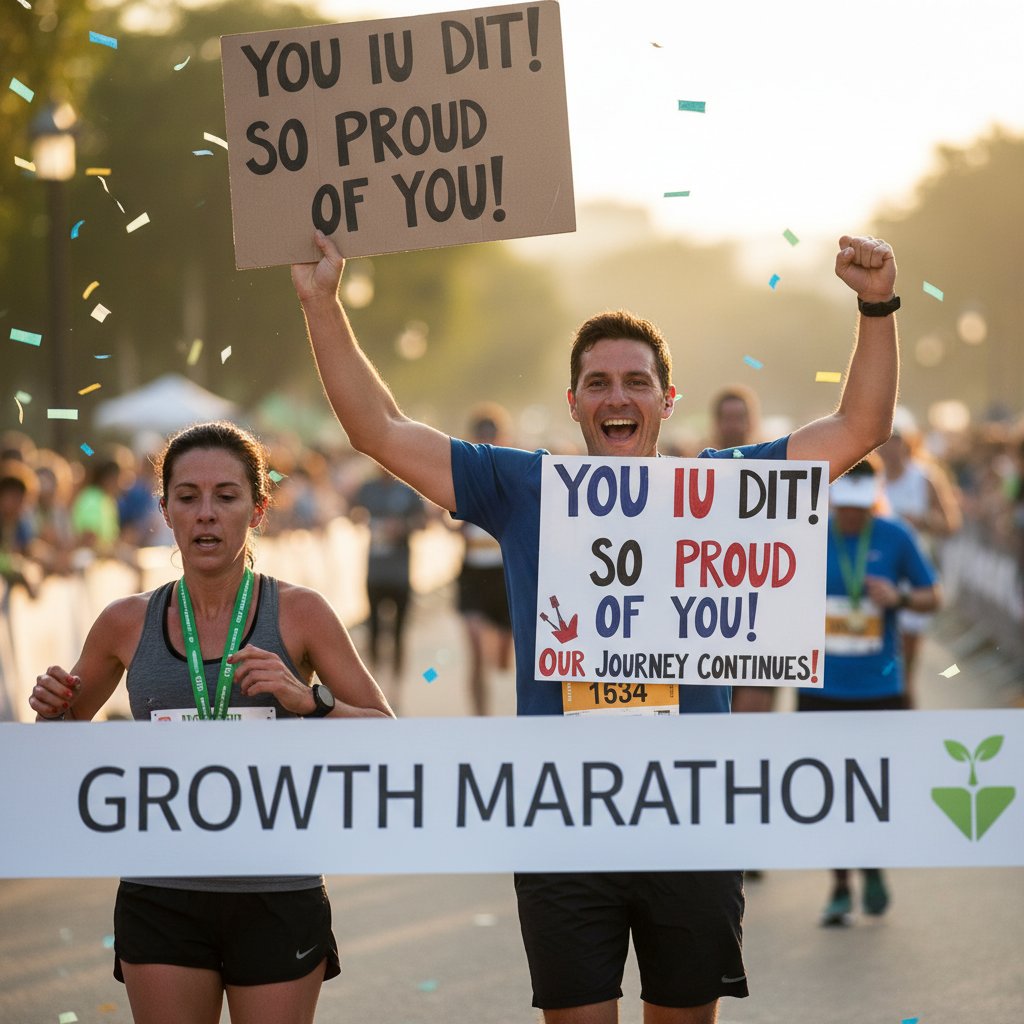 Partner supporting personal achievements, cheering at marathon finish line, dynamic shot, growth celebration