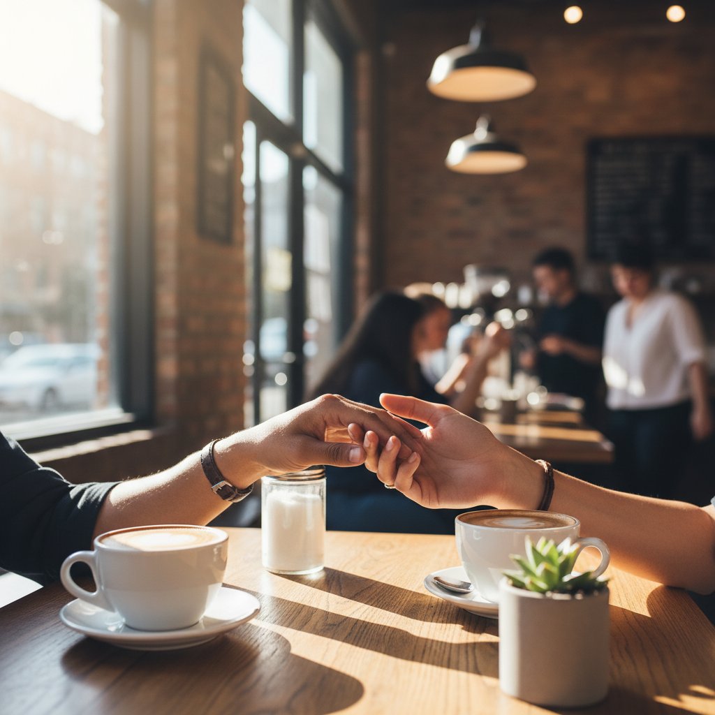 Partners supporting each other discussing emotional baggage, close-up of hands touching across a table in coffee shop, natural light, emotional moment