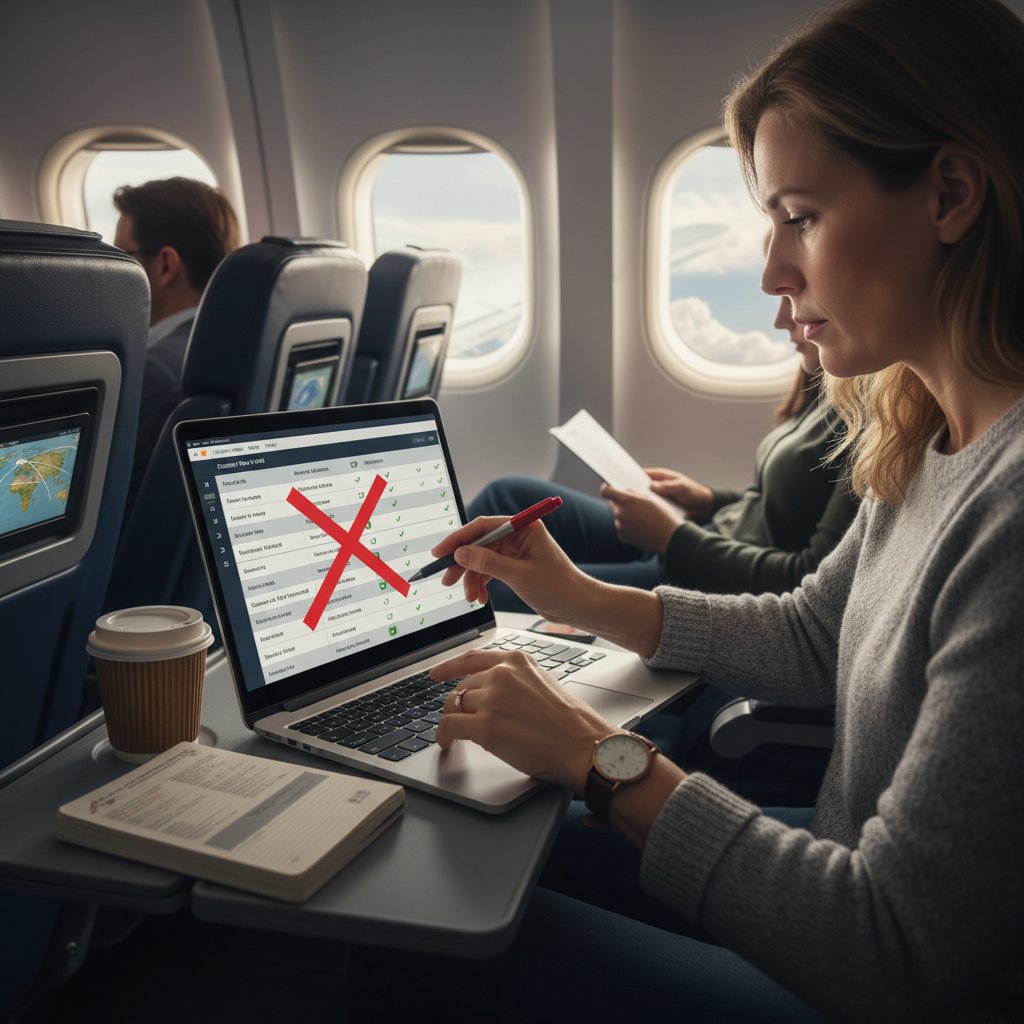 Pasażer analizujący szczegóły lotu na laptopie, przekreślający zbędne opcje rezerwacji