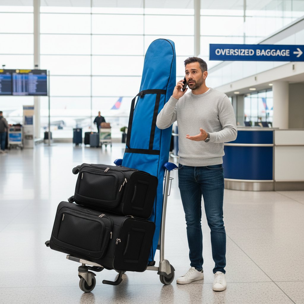 Passenger confirming oversized baggage policy before trip by calling airline customer support