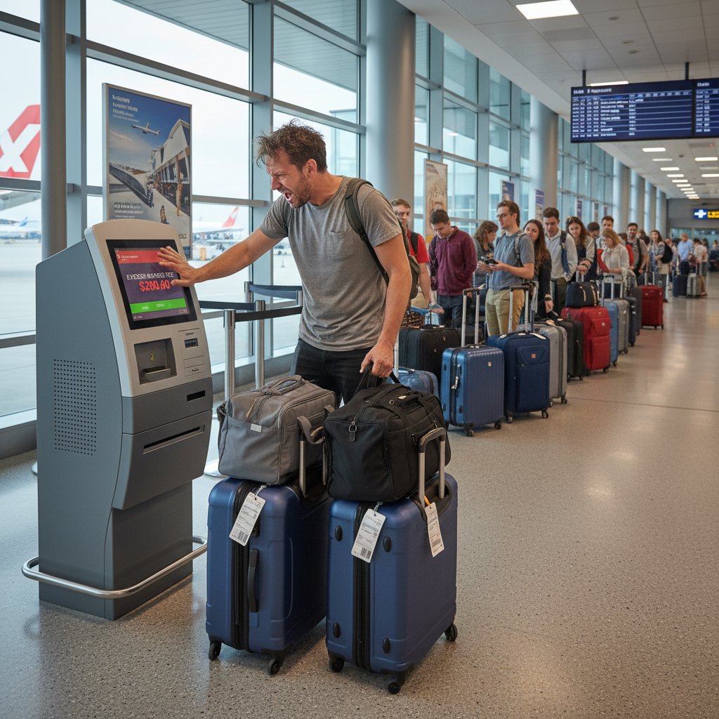 Traveler encountering unexpected airline fees at check-in