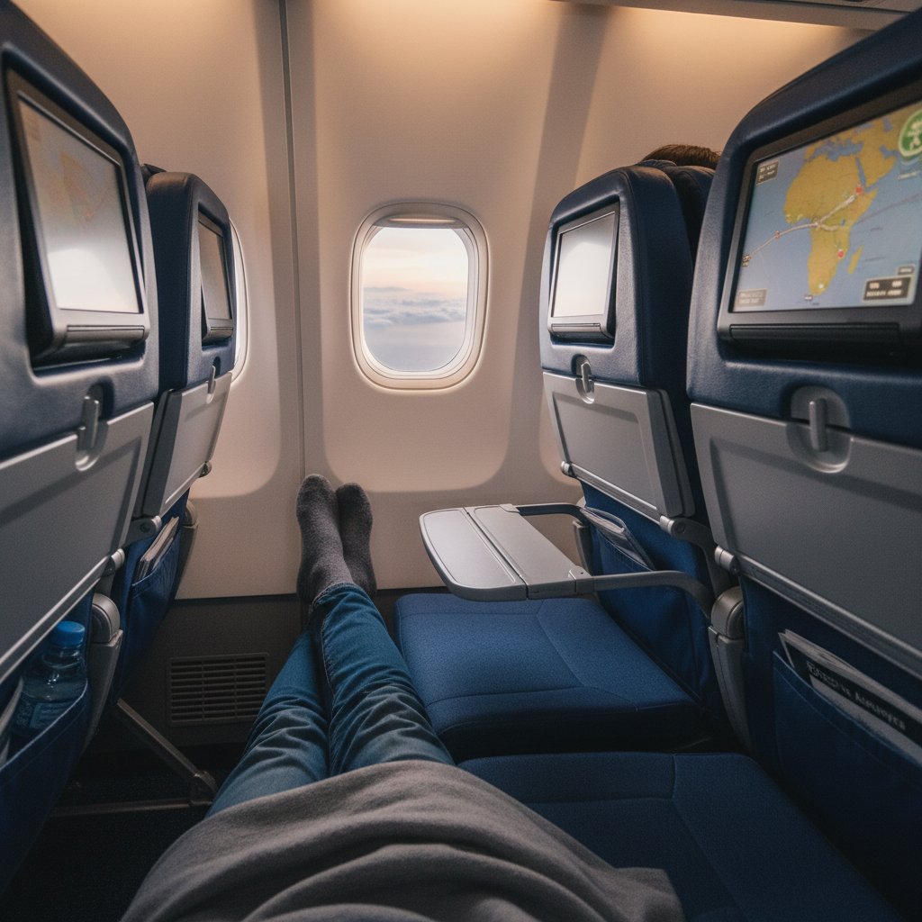 Passenger stretching legs in Kenya Airways seat, economy cabin, extra legroom visible, relaxed and comfortable