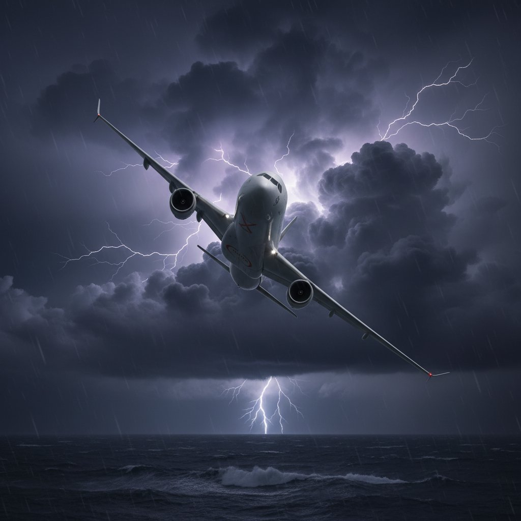 Samolot pasażerski na tle burzowego nieba – symbol niepewności i bezpieczeństwa lotów