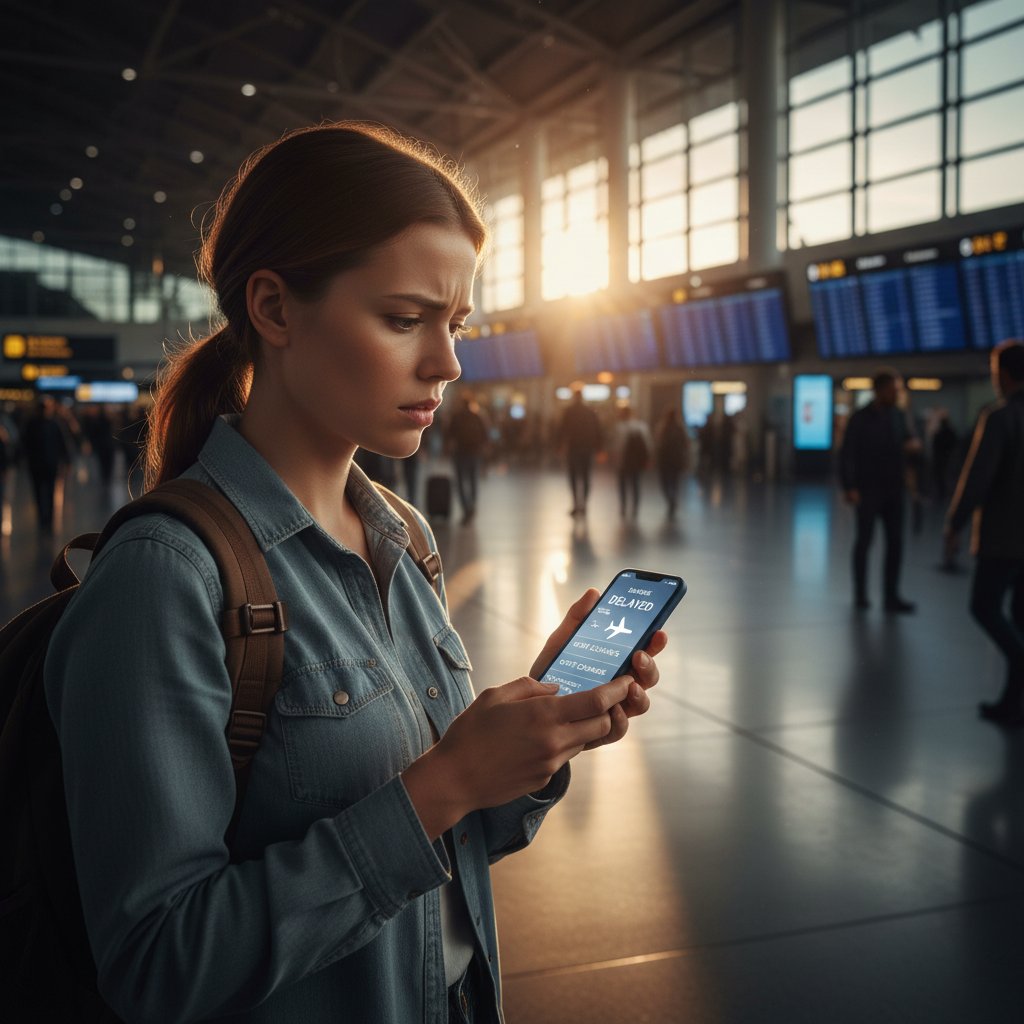 Podróżny sprawdzający dane o punktualności na telefonie, emocjonalne światło, lotniskowe tło, półdokumentalny styl