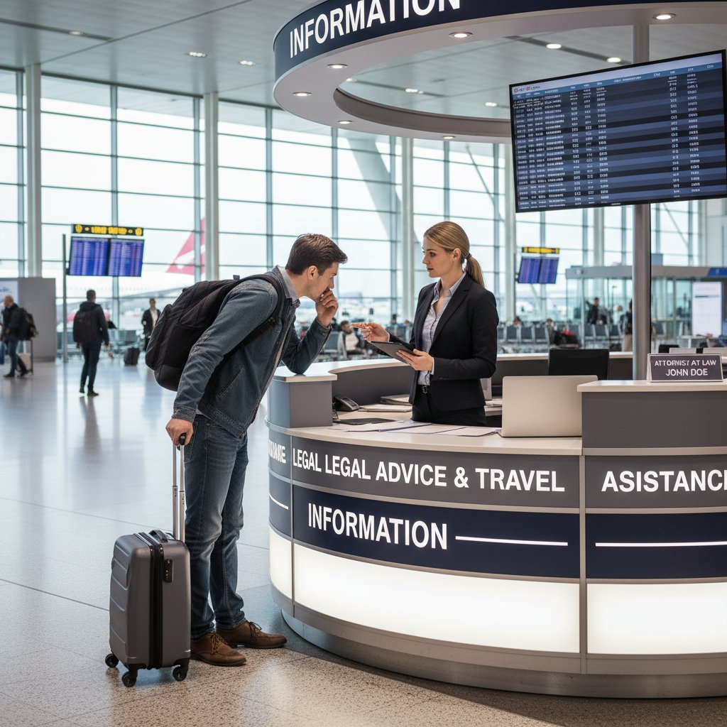 Pasażer rozmawiający z doradcą prawnym w punkcie informacyjnym na lotnisku