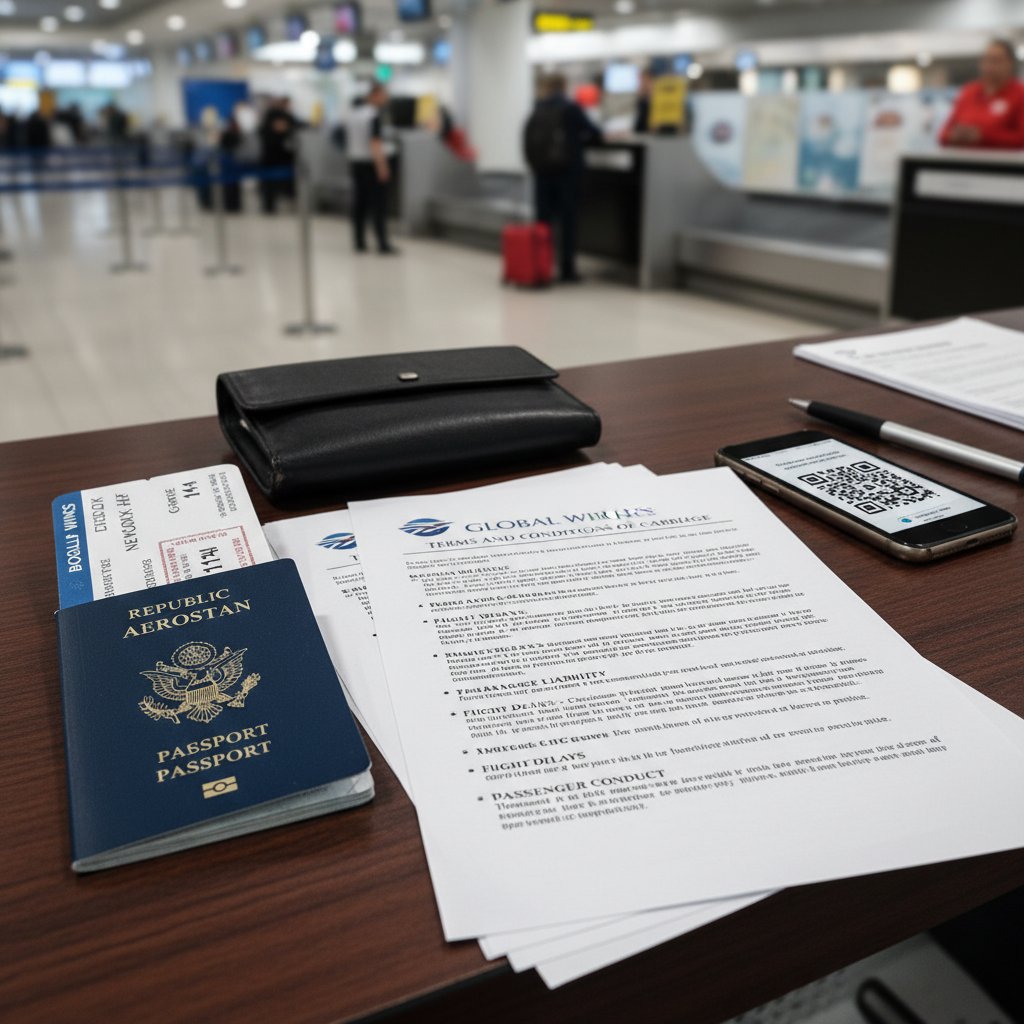 Stos dokumentów i regulaminów na biurku podróżnego – ilustracja ukrytych pułapek formalnych