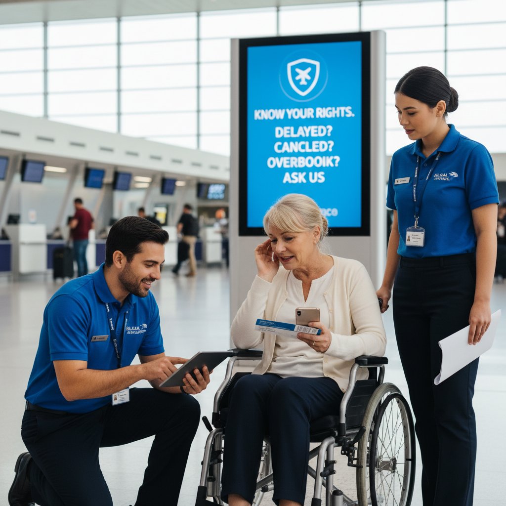 Pasażer otrzymujący pomoc od personelu lotniska, informacje o prawach pasażera