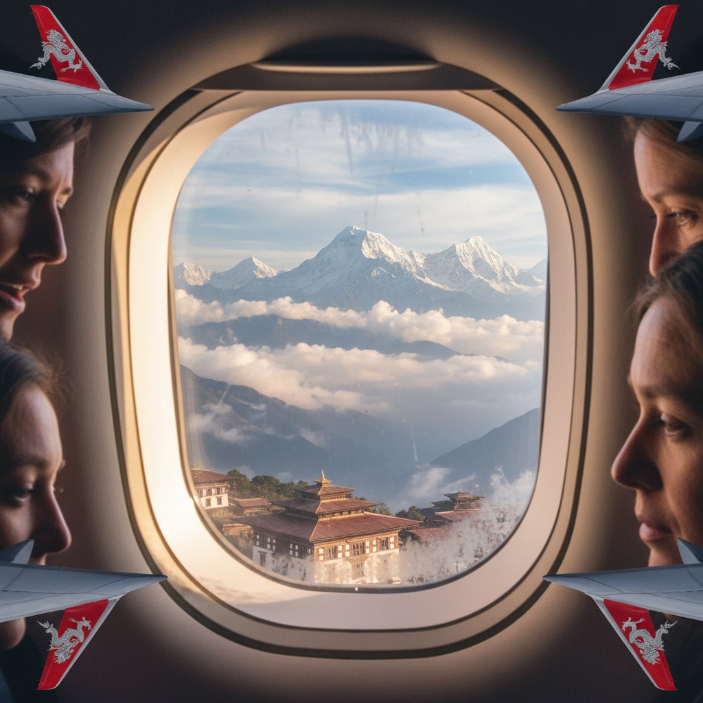 Passengers nervously watching approach to Paro Airport, Drukair flights in the Himalayas