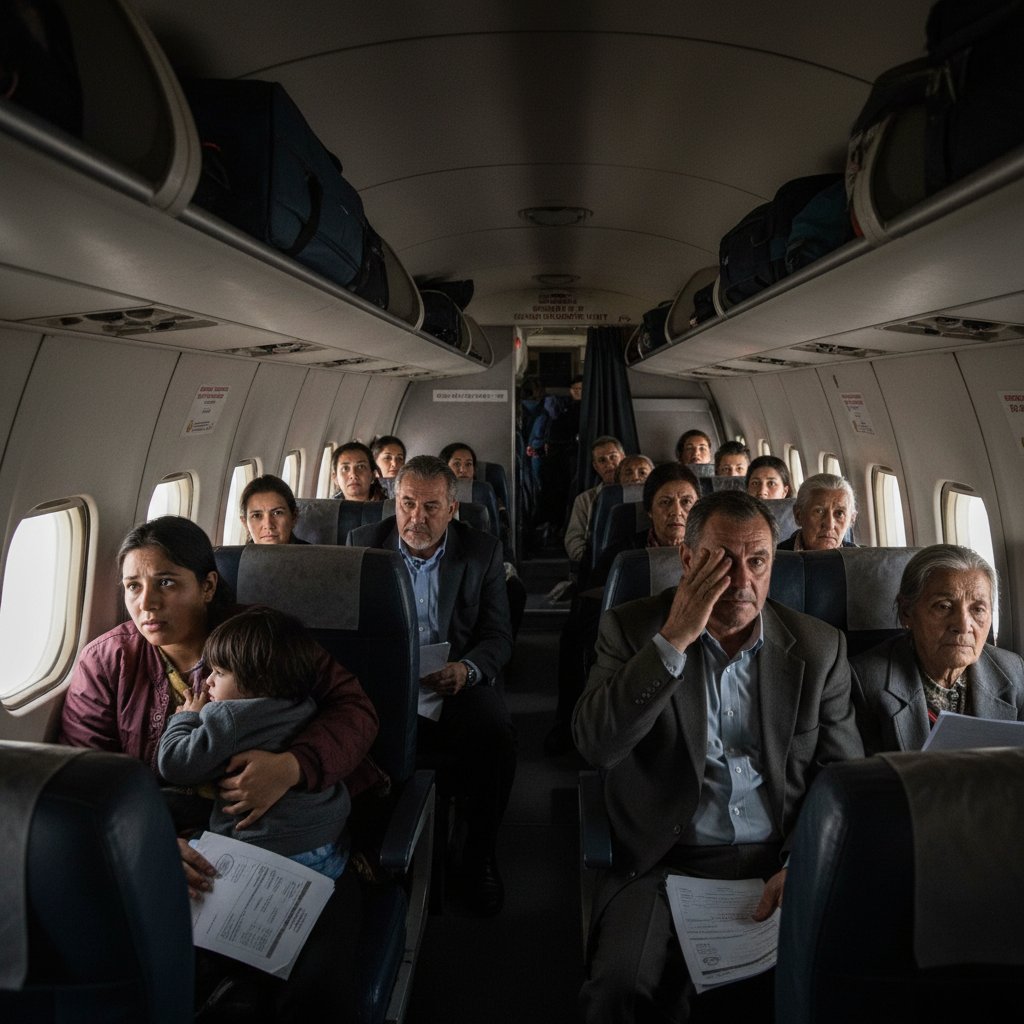 Passengers onboard consulate evacuation flight, tense, uncertain, close-up