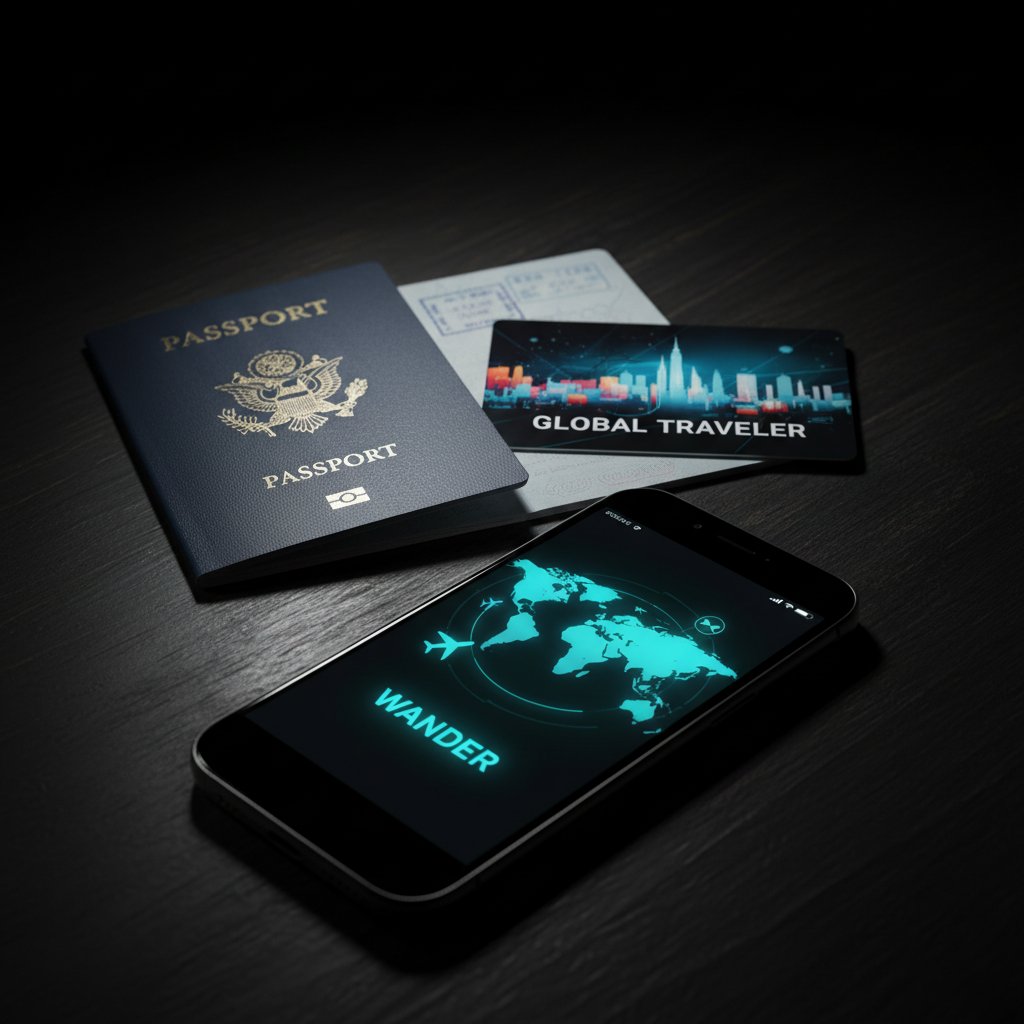 Paszport, dowód osobisty i telefon z aplikacją podróżniczą, flat lay