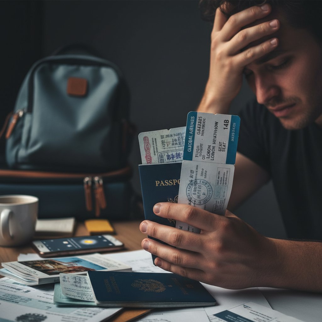 Montage of passport, visa, and boarding pass evoking travel anxiety and international risk