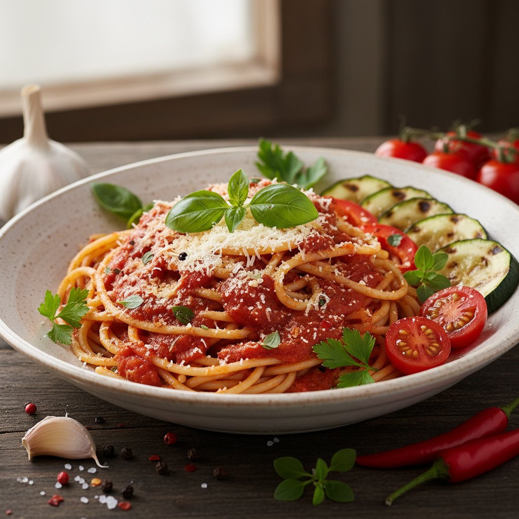 Talerz z makaronem pomidorowym, ziołami i parmezanem, obok świeże warzywa i przyprawy