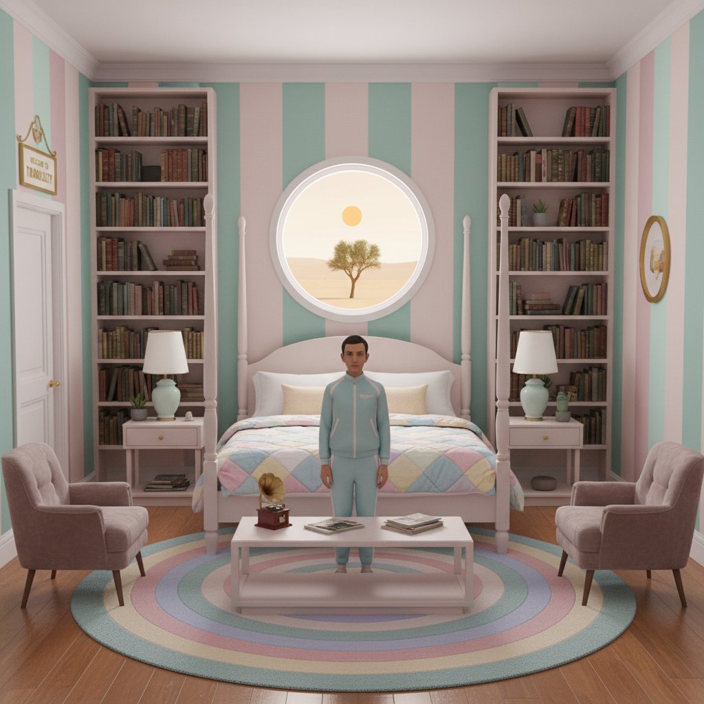 Symmetrical pastel room with stylized text overlay mimicking Wes Anderson memes