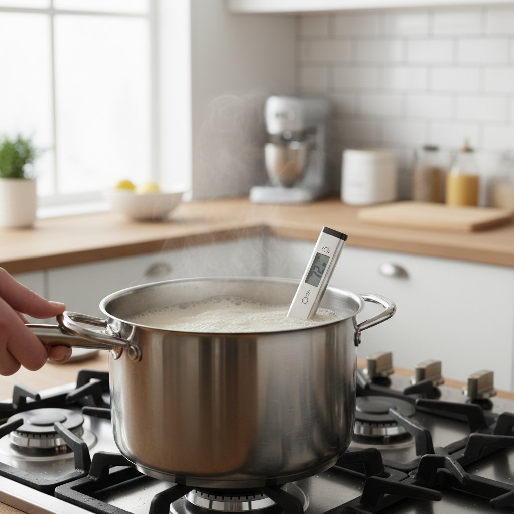 Pasteryzacja mleka roślinnego w garnku na kuchence, z termometrem kuchennym