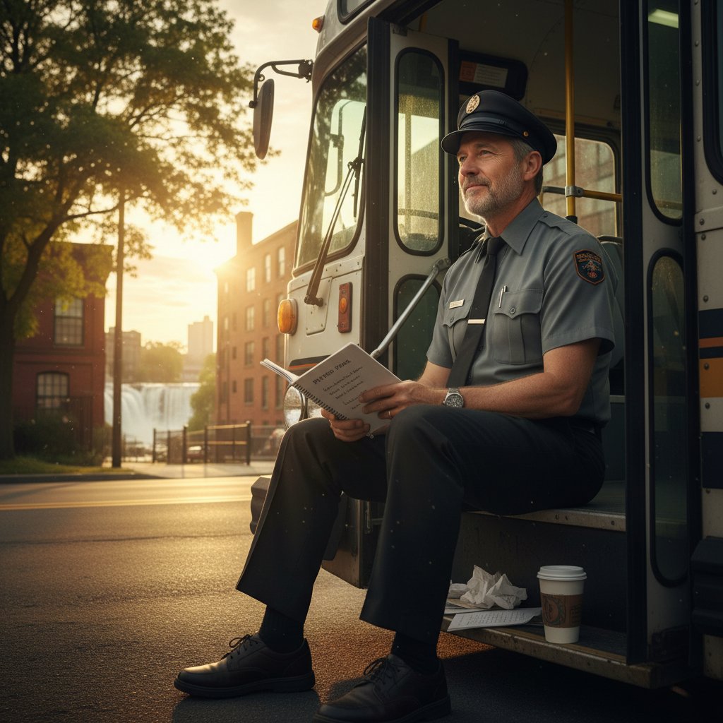 Still from Paterson: Bus driver writing poems in a notebook, warm golden hour light, poetic cinema atmosphere