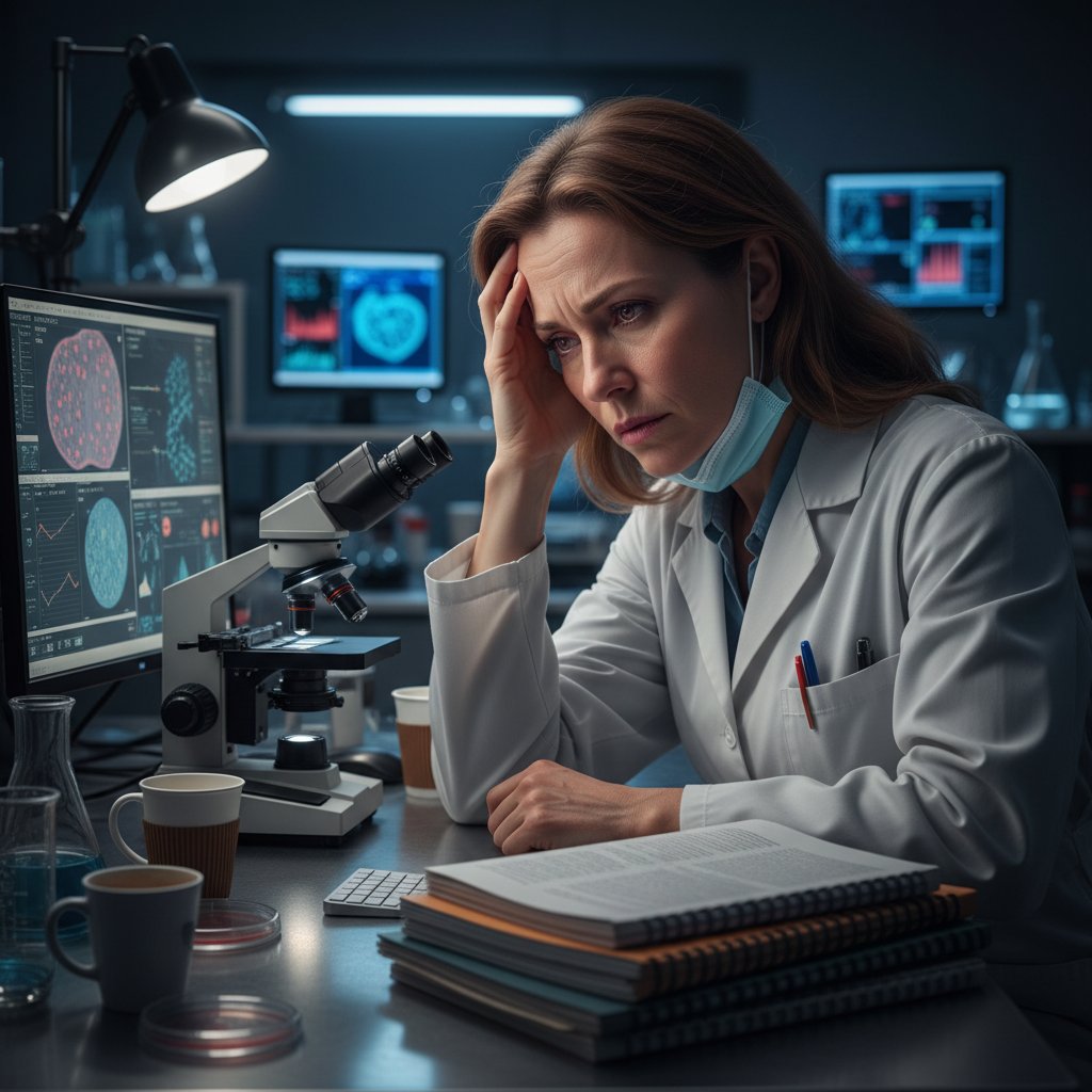 Patomorfolog w skupieniu analizujący próbki przy biurku – symbol stresu i odpowiedzialności