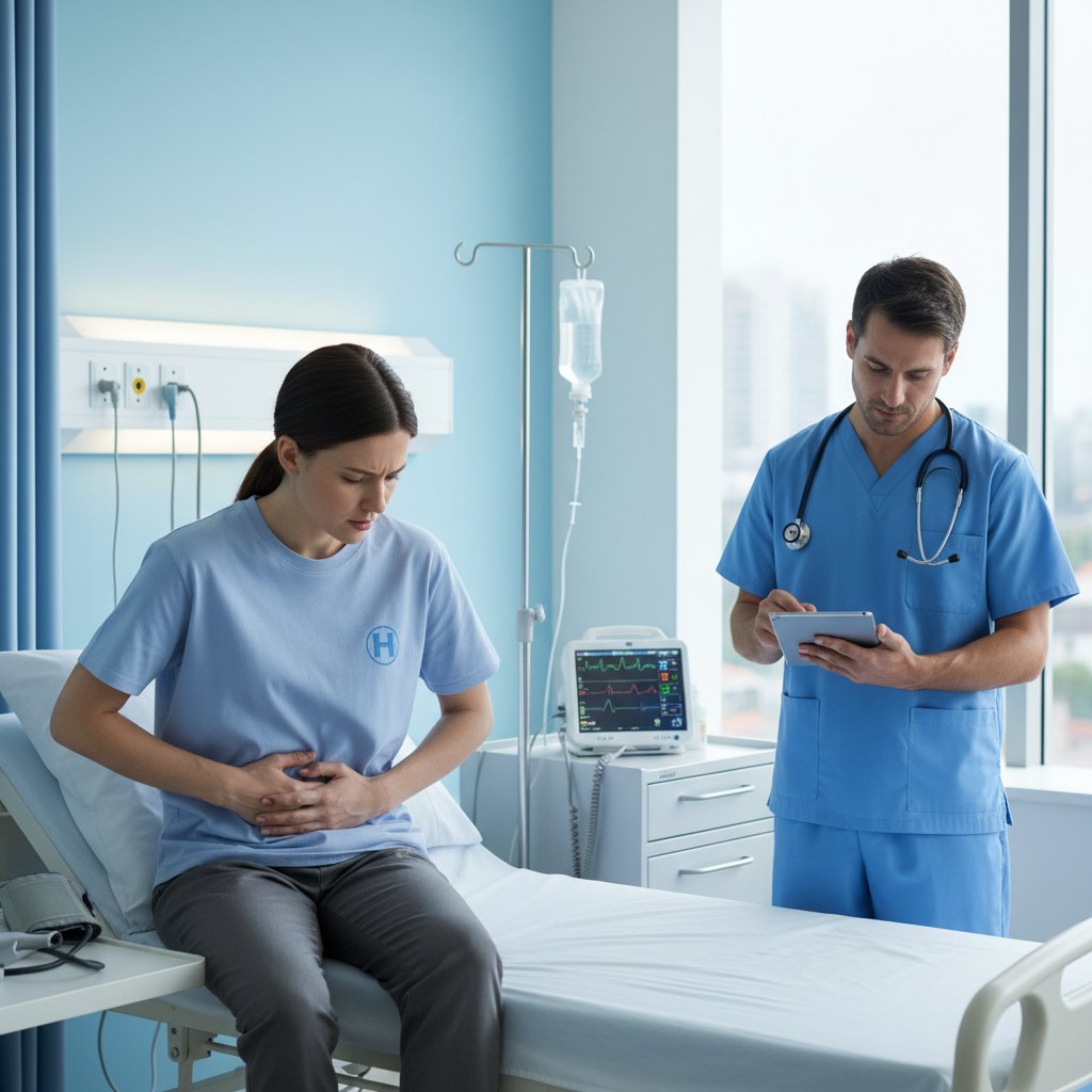 Zespół pochemoembolizacyjny – pacjent doświadczający bólu brzucha, otoczony personelem medycznym