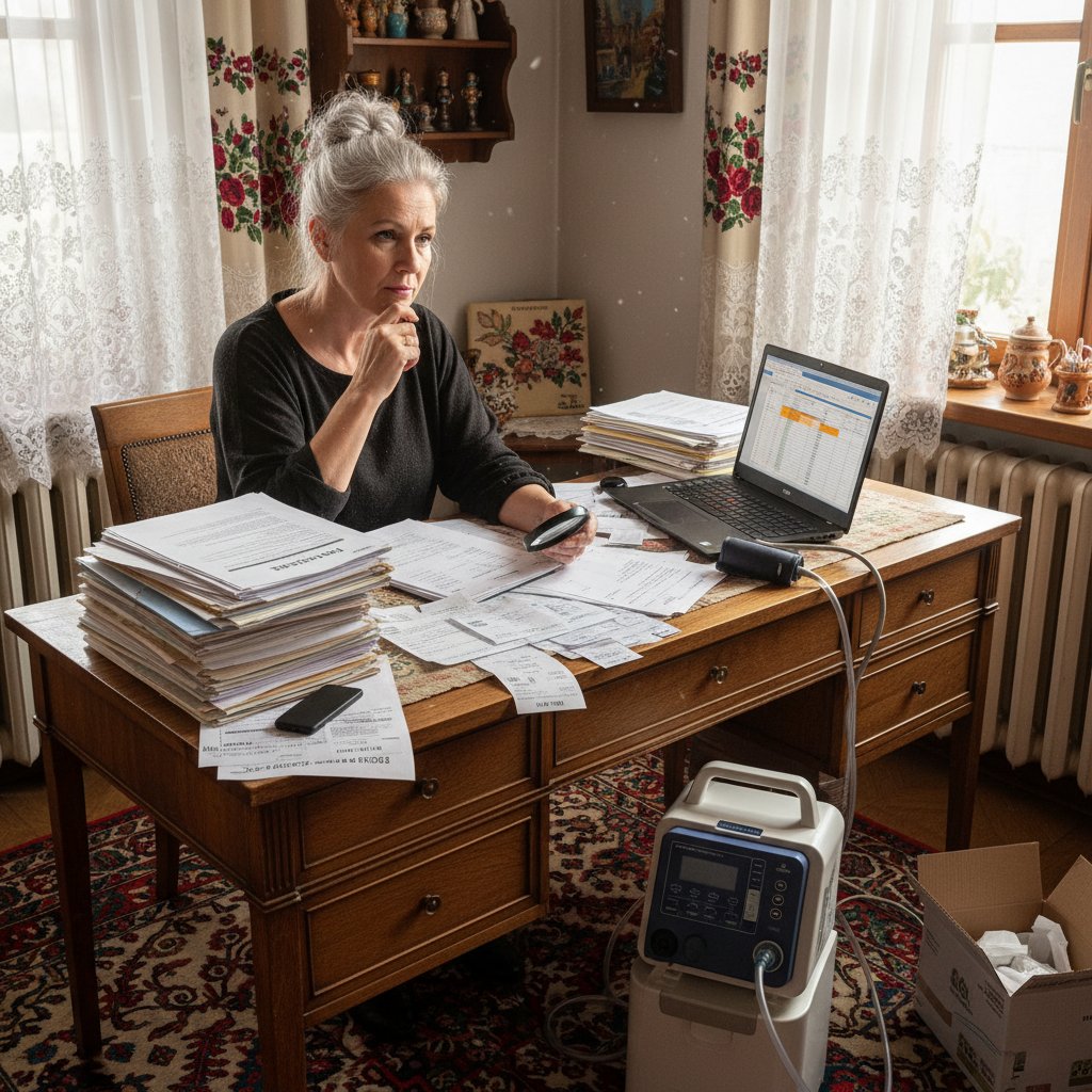 Pacjent analizujący koszty leczenia w polskim domu, faktury i sprzęt medyczny na stole
