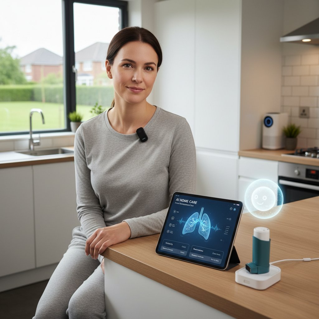 Pacjent z astmą korzystający z aplikacji mobilnej AI w kuchni, przykłady domowej opieki