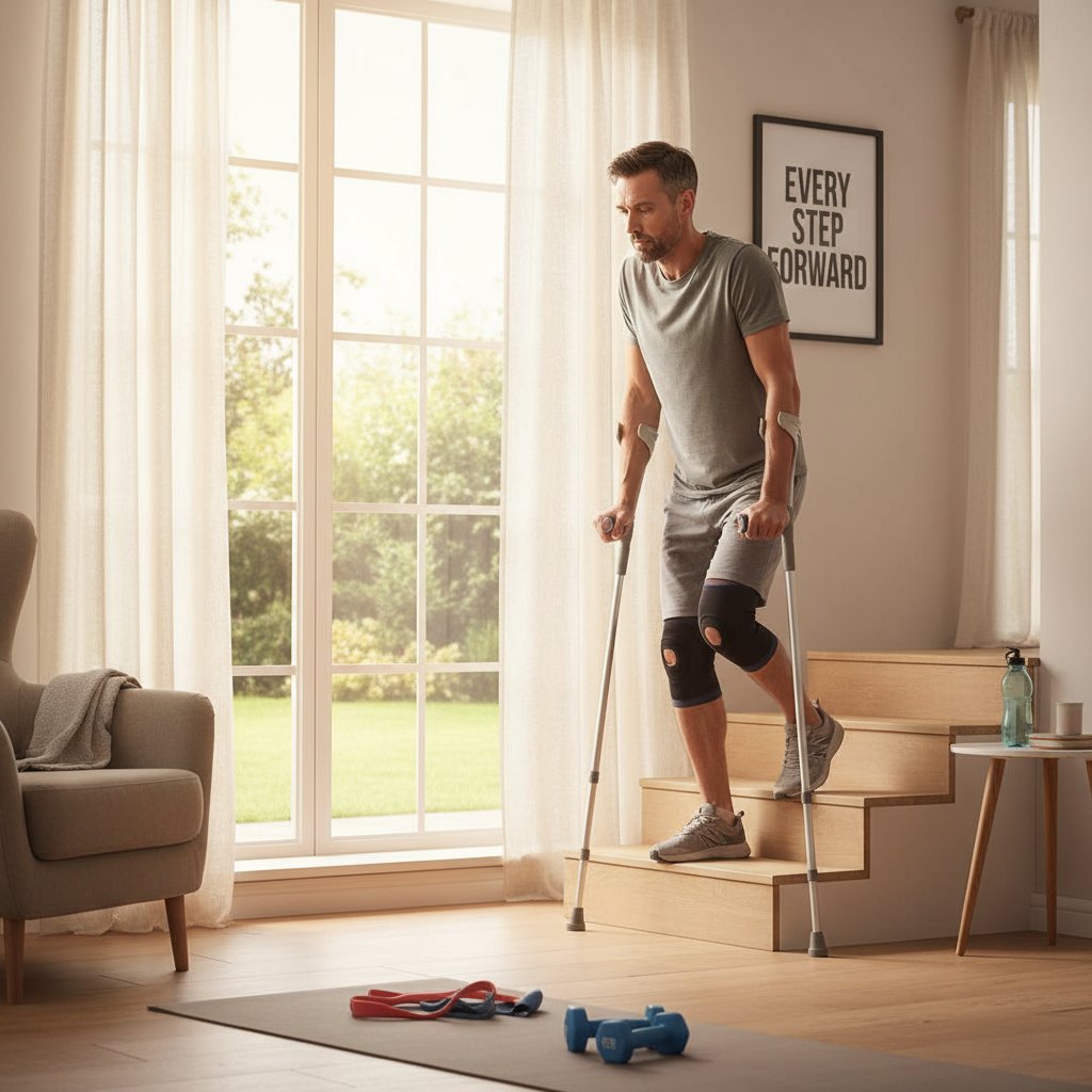 Pacjent po operacji endoprotezy, opierający się na kulach, domowa rehabilitacja, wyraz determinacji