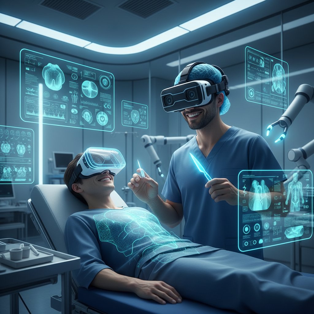 Pacjentka rozmawiająca z lekarzem po operacji przeprowadzonej z użyciem AR, uśmiechnięta, sala szpitalna