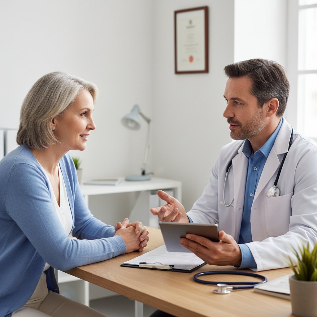 Pacjent przygotowujący się do koronarografii, konsultacja z lekarzem, atmosfera zaufania i wsparcia