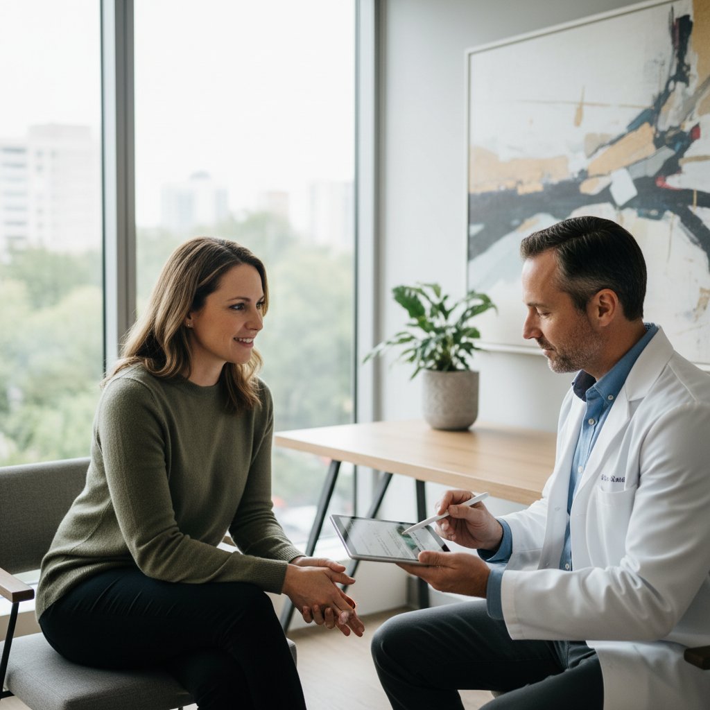 Pacjent podczas konsultacji z lekarzem, nowoczesna klinika, dokumentacja na tablecie