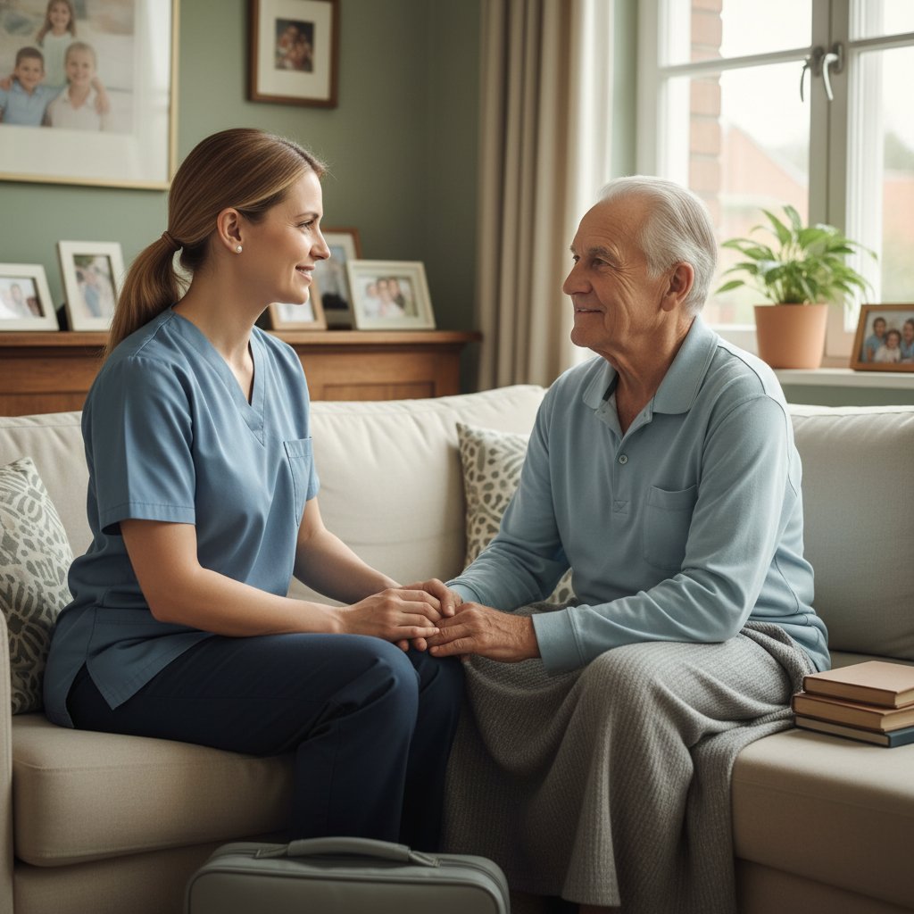 Pacjent w domu, rozmawia spokojnie z lekarzem, atmosfera zaufania i komfortu