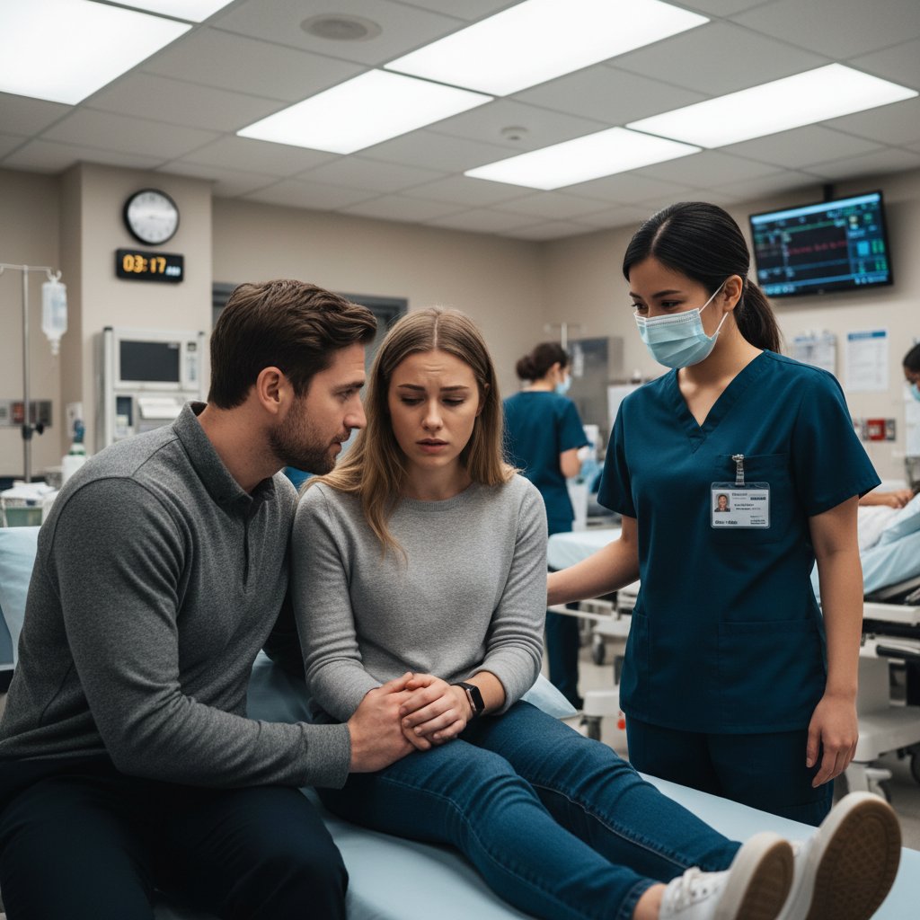Osoba na oddziale ratunkowym z wyraźnym niepokojem na twarzy, trzymana za rękę przez bliską osobę
