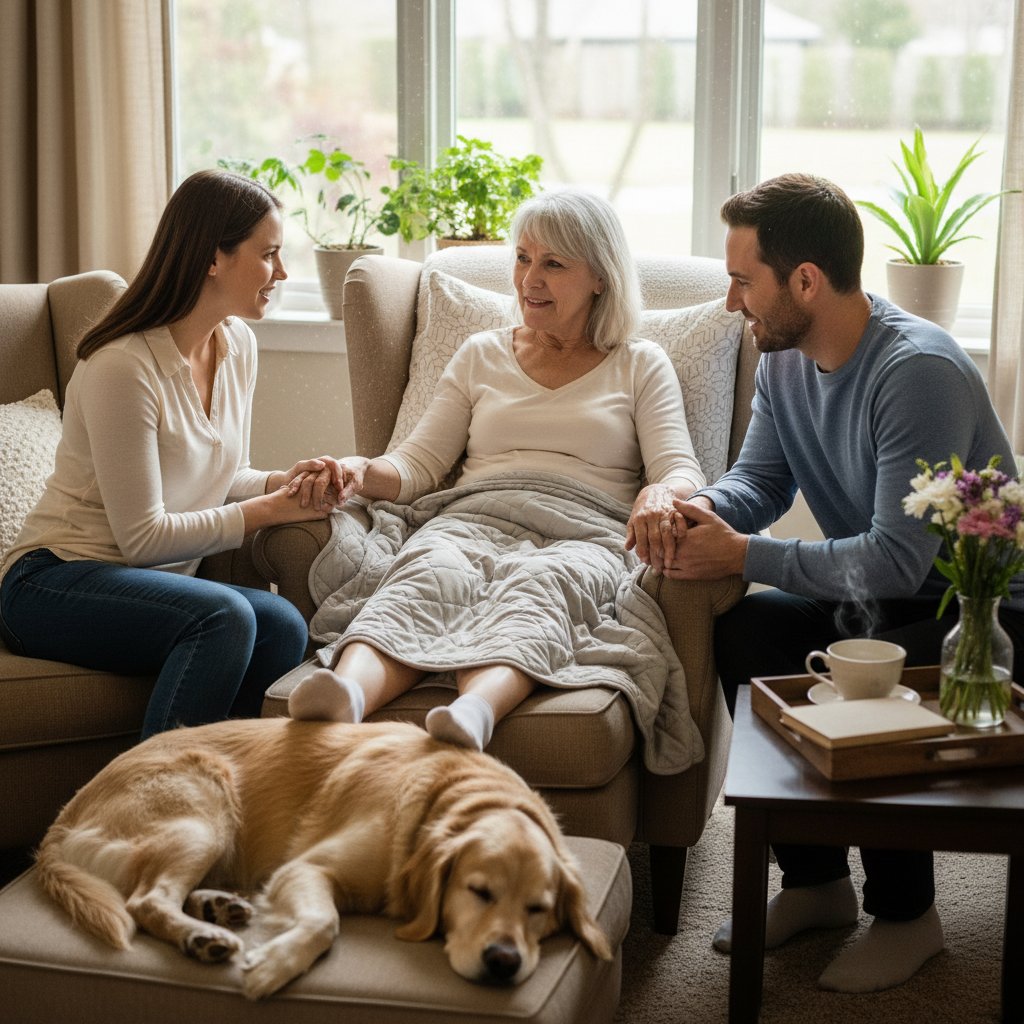 Pacjent rozmawiający z rodziną, wsparcie po operacji endoprotezy, dom, spokojna atmosfera