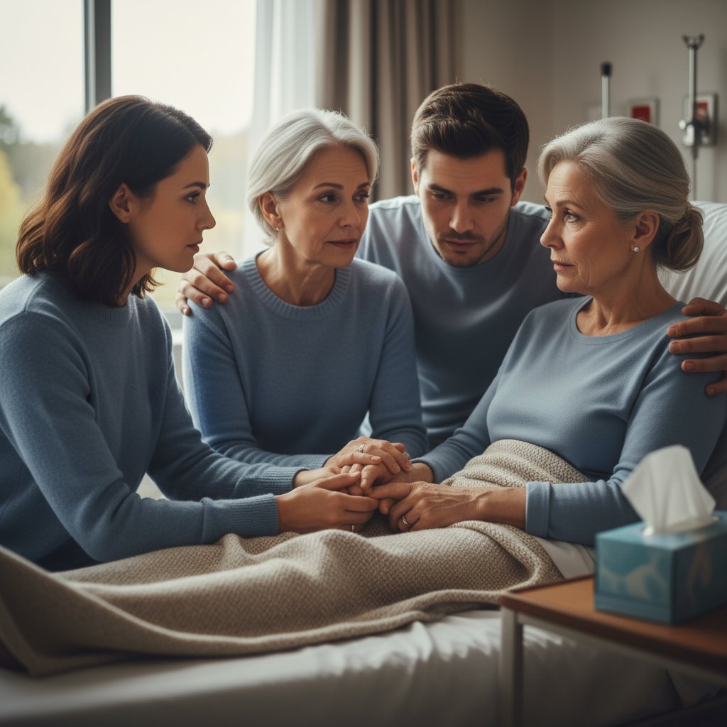 Pacjent rozmawia z bliską osobą, emocje, wsparcie, domowa atmosfera