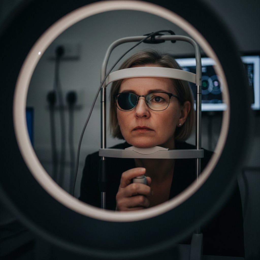 Pacjentka podczas właściwego badania, skupiona na sygnałach świetlnych