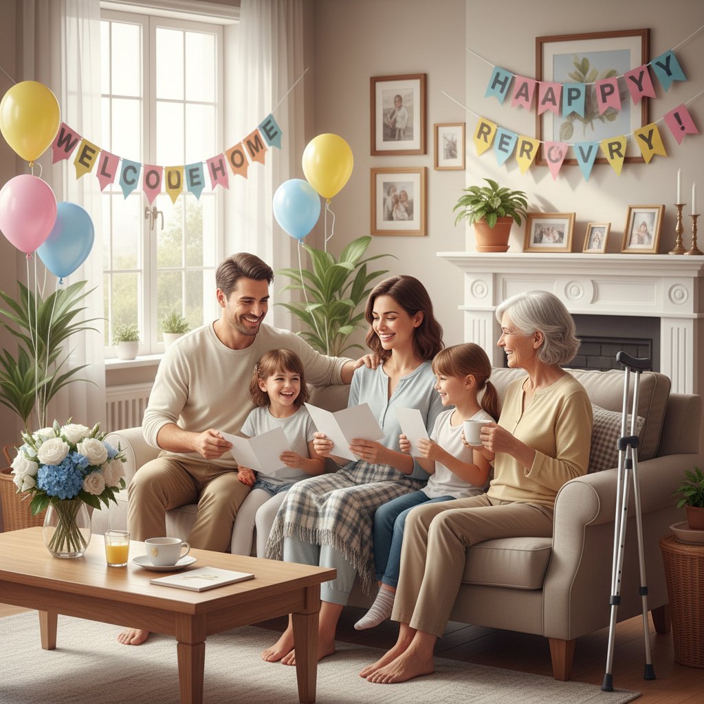 Pacjent uśmiechnięty po powrocie ze szpitala, z bliskimi, domowa scena