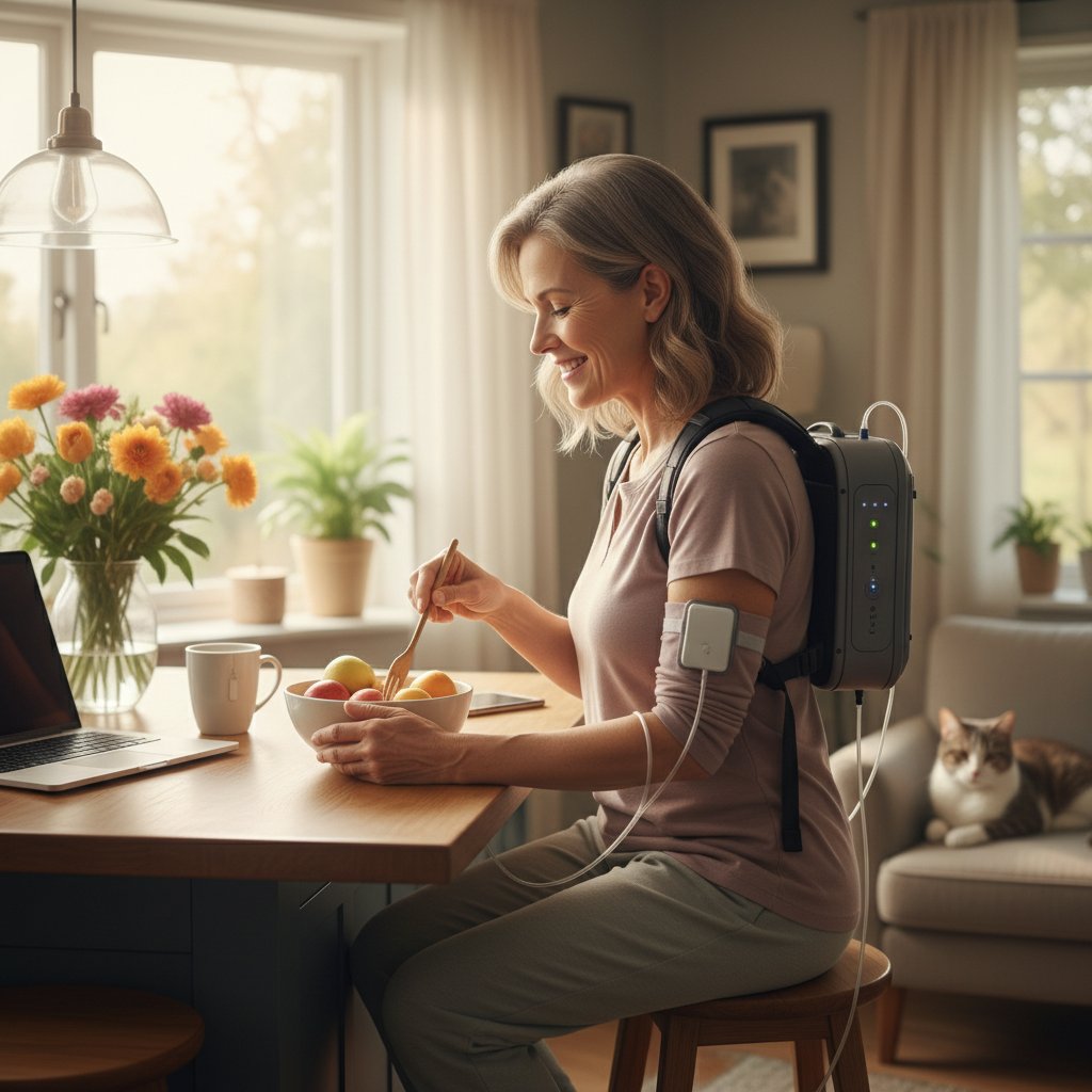 Pacjent w domu z urządzeniem sztucznej nerki, codzienne czynności, uśmiech