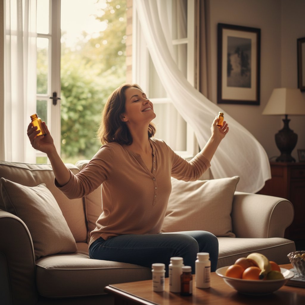 Pacjent w domowym zaciszu, uśmiechnięty, trzymający lek dabigatran – symbol odzyskanej swobody