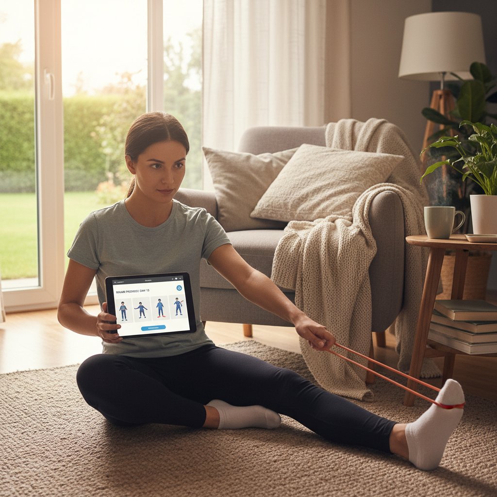 Pacjent wykonujący ćwiczenia rehabilitacyjne w domu z tabletem i aplikacją online