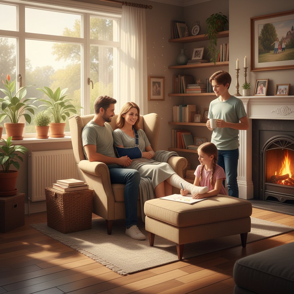 Pacjent dochodzący do siebie po operacji w domu z rodziną, ciepłe światło, atmosfera nadziei