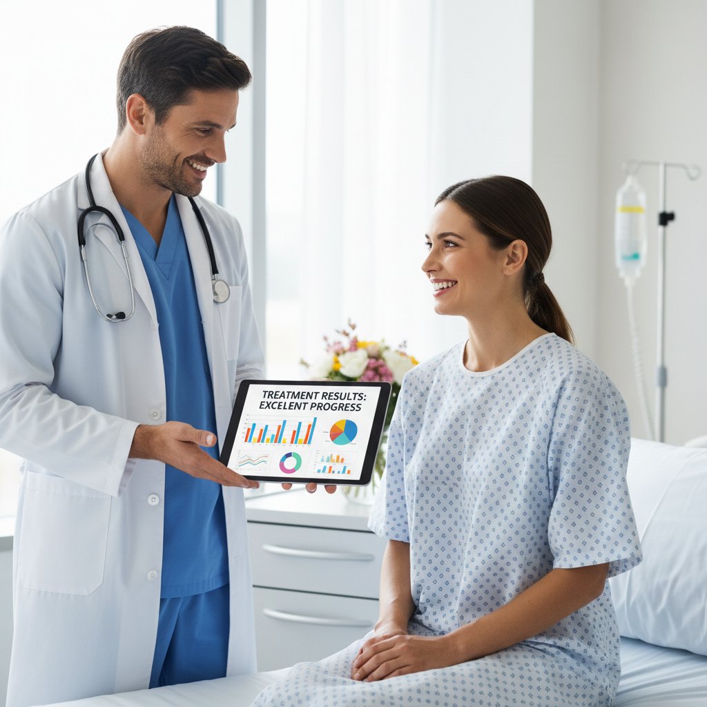 Zdjęcie pacjenta otrzymującego terapię w szpitalu, obok lekarz analizuje wyniki badań na tablecie