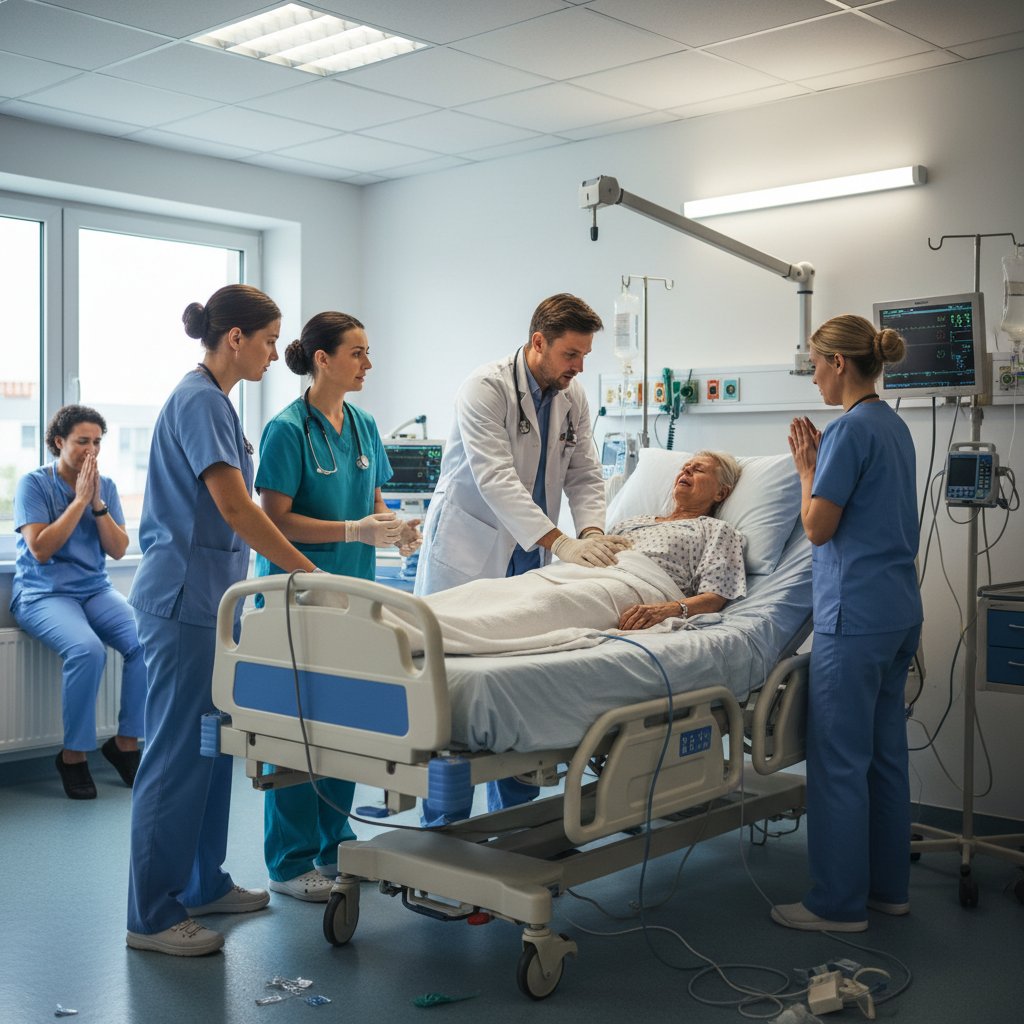 Pacjent w szpitalu w trakcie nagłego pogorszenia stanu zdrowia, personel medyczny w gotowości, sytuacja kryzysowa