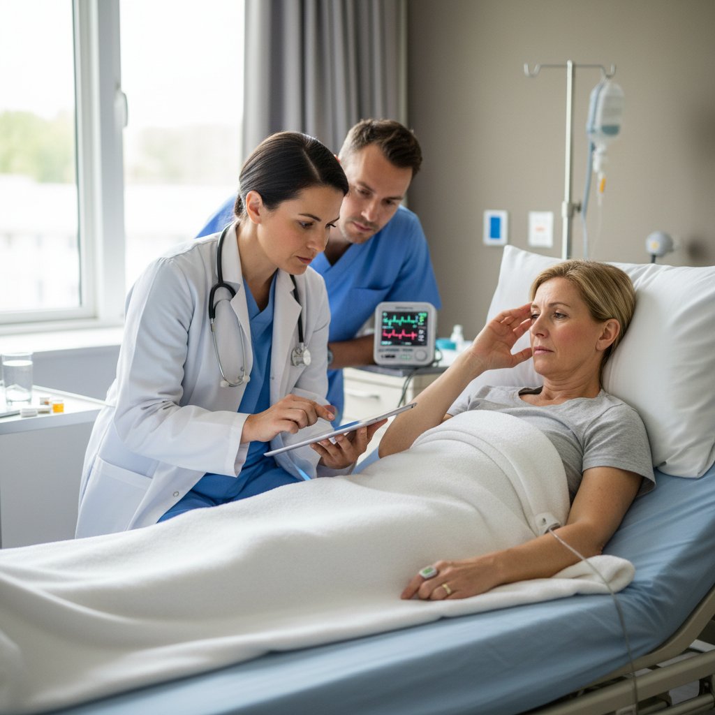 Pacjent na szpitalnym łóżku z zaniepokojonym personelem – ilustracja trudnych do wychwycenia objawów zdarzenia niepożądanego