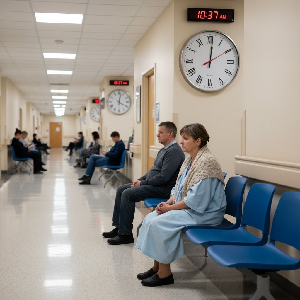 Pacjent czekający w szpitalnym korytarzu, symbol oczekiwania, jakość opieki